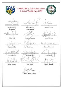 1999 Australian Team to World Cup, official team sheet with 16 signatures including Stephen Waugh (captain), Shane Warne & Adam Gilchrist; plus 2 scorecards signed by Ricky Ponting & photograph signed by Steve Waugh, Shane Warne & Mark Waugh. Fine conditi