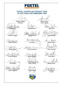 1999 Australian Team to Sri Lanka & Zimbabwe, official team sheet with 23 signatures including Stephen Waugh (captain), Shane Warne, Adam Gilchrist & Ricky Ponting. Fine condition. Scarce.