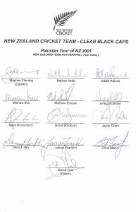 NEW ZEALAND: Team sheets (5) for 1999-2000 1st ODI v Australia; 2000 NZ "A" tour to Holland & England; 2000 tour to South Africa (ODIs); 2000 tour to South Africa (Tests); 2001 tour to Pakistan; plus 20 signed photographs.