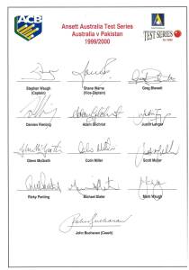 1999-2000 Australian Team v Pakistan, official team sheet with 13 signatures including Stephen Waugh (captain), Shane Warne, Adam Gilchrist & Ricky Ponting; plus 2 signed photographs. Fine condition. Scarce.