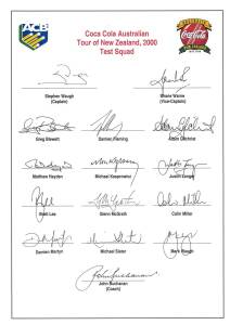 2000 Australian Team to New Zealand (Test Squad), official team sheet with 15 signatures including Stephen Waugh (captain), Shane Warne, Adam Gilchrist & Glenn McGrath. Fine condition. Scarce.