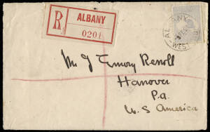 1924 (Feb.9) usage of 6d pale ultramarine on a reg. cover Albany WA - USA. With 5 b/stamps and original contents from a stamp collector. Roughly opened. Cat. BW $325.