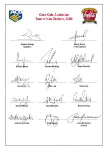 2000 Australian Team to New Zealand (ODI Squad), official team sheet with 14 signatures including Stephen Waugh (captain), Shane Warne, Adam Gilchrist & Michael Bevan. Fine condition. Scarce.