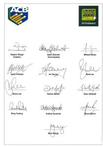 2000 Australian Team for Super Challenge v South Africa at Colonial Stadium, official team sheet with 13 signatures including Stephen Waugh (captain), Adam Gilchrist & Glenn McGrath. Fine condition. Scarce - we haven't had this one before.