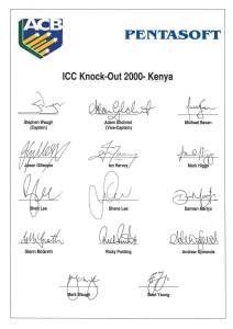 2000 Australian Team to ICC Knock-Out in Kenya, official team sheet with 14 signatures including Stephen Waugh (captain), Adam Gilchrist, Andrew Symonds & Glenn McGrath. Fine condition. Scarce.