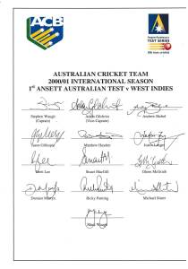 2000-01 Australian Team, 1st Test v West Indies, official team sheet with 13 signatures including Stephen Waugh (captain), Adam Gilchrist, Glenn McGrath & Ricky Ponting. Fine condition. Scarce.