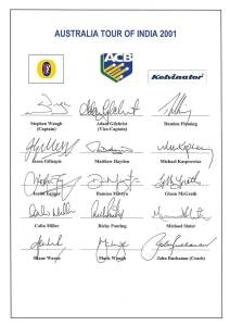 2001 Australian Tour of India (Test squad), official team sheet with 15 signatures including Stephen Waugh (captain), Adam Gilchrist, Glenn McGrath & Ricky Ponting. Fine condition. Scarce.