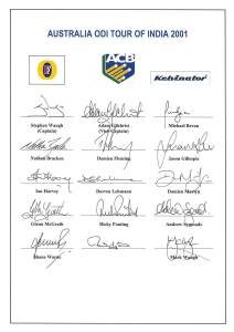 2001 Australian Tour of India (ODI squad), official team sheet with 15 signatures including Stephen Waugh (captain), Adam Gilchrist, Glenn McGrath & Ricky Ponting; plus signed photograph of Ricky Ponting. Fine condition. Scarce.