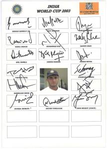 INDIA: Team sheets (6) for 2001-02 tour to South Africa; 2003 World Cup; 2003 India A tour to England (x 2); 2003-04 tour to Australia; 2007 tour to England; plus 27 signed photographs & 2002 Kent v India signed programme.