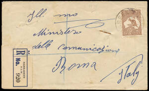 1930 (Dec.30) usage of 6d Chestnut on a registered cover Narrabeen NSW to the Minister of Communications, Rome, Italy. With 5 b/stamps.