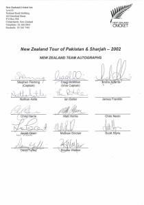 NEW ZEALAND: Team sheets (5) for 2001 v Sri Lanka & Pakistan; 2001 tour to Sri Lanka; 2001 tour to Australia (Tests); 2002 tour to Australia (ODIs); 2002 tour to Pakistan & Sharjah; plus 34 signed photographs.