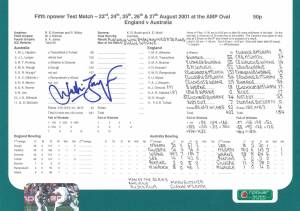 2001 Australian Team to England (Test squad), official team sheet with 17 signatures including Stephen Waugh (captain), Adam Gilchrist, Glenn McGrath & Ricky Ponting; plus scorecards (7 - one signed by squad) & photograph signed Adam Gilchrist & Damien Ma