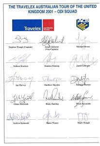 2001 Australian Team to England (ODI Squad), official team sheet with 15 signatures including Stephen Waugh (captain), Adam Gilchrist, Glenn McGrath & Ricky Ponting; plus scorecard signed Adam Gilchrist.