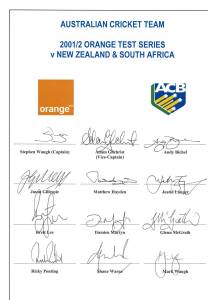 2001-02 Australian Team for Test Series v New Zealand & South Africa, official team sheet with 12 signatures including Stephen Waugh (captain), Adam Gilchrist, Glenn McGrath & Ricky Ponting; plus 4 signed photographs.