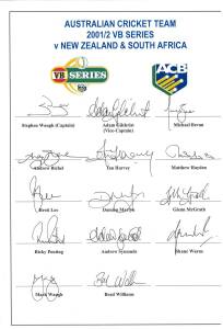 2001-02 Australian Team for ODI Series v New Zealand & South Africa, official team sheet with 14 signatures including Stephen Waugh (captain), Adam Gilchrist, Glenn McGrath & Ricky Ponting. Scarce team sheet - first we've seen.