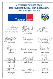 2002 Australian Tour to South Africa & Zimbabwe (Test Squad), official team sheet with 15 signatures including Stephen Waugh (captain), Adam Gilchrist, Glenn McGrath & Ricky Ponting. Scarce.