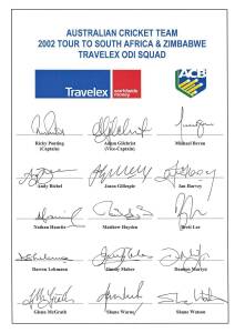 2002 Australian Tour to South Africa & Zimbabwe (ODI Squad), official team sheet with 15 signatures including Ricky Ponting (captain), Adam Gilchrist, Glenn McGrath & Shane Warne. Scarce.