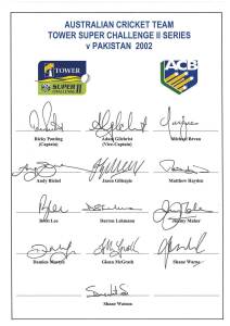 2002 Australian Team for Super Challenge II v Pakistan, official team sheet with 13 signatures including Ricky Ponting (captain), Adam Gilchrist & Glenn McGrath. Scarce.