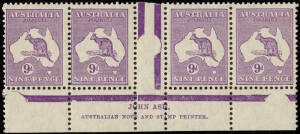 9d violet Ash imprint strip of 4, Plate 3, first state, with an early stage of "Vertical white scratch over 2nd 'N' 0f NINE"; BW.29za & g, 3L59. Some gum toning, fine appearance, scarce combination.