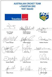 2002 Australian Team v Pakistan (Test Squad), official team sheet with 15 signatures including Steve Waugh (captain), Adam Gilchrist, Glenn McGrath & Shane Warne. Scarce.