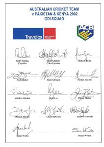 2002 Australian Team v Pakistan (ODI Squad), official team sheet with 14 signatures including Ricky Ponting Waugh (captain), Adam Gilchrist, Glenn McGrath & Shane Warne. Scarce.