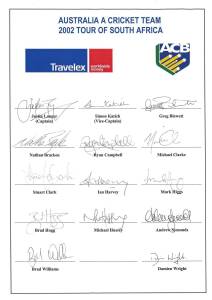 2002 Australia A Tour of South Africa, official team sheet with 14 signatures including Justin Langer (captain), Michael Clarke & Michael Hussey. Scarce.