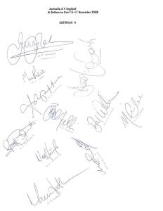 2002 Australia A v England, team sheet with 11 signatures including Jimmy Maher (captain), Michael Clarke & Nathan Hauritz; plus 10 signed photographs.