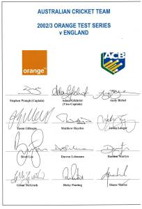 2002-03 Australian Team, Test Series v England, official team sheet with 12 signatures including Stephen Waugh (captain), Adam Gilchrist, Glenn McGrath & Ricky Ponting. Fine condition. Scarce.