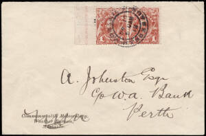 AUSTRALIA: EARLIEST RECORDED USAGE IN SOUTH AUSTRALIA: 1d Pale Red [Plate 1] marginal pair with partial imprint, attractively tied on cover from ADELAIDE with "DE 10/5 0AM/13" double-circle cds; addressed to Perth."The issue date is definitely 9 Dec. in A