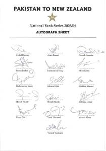 PAKISTAN: Team sheets (5) for 2003-04 tour to NZ; 2004-05 tour to Australia; 2006 tour to England; 2009-10 tour to Australia; 2016 "A" tour to England; plus 38 signed photographs.