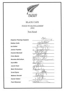 NEW ZEALAND: Team sheets (5) for 2004 tour to Bangladesh; 2004 tour to Australia; 2007 tour to Australia; 2008 tour to England; 2015 tour to England; plus 7 signed photographs.