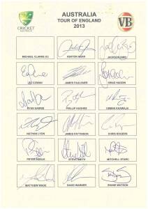 2013 Australian Tour of England, team sheet with 17 signatures including Brad Haddin, Ashton Agar, Mitchell Starc & David Warner. Scarce.