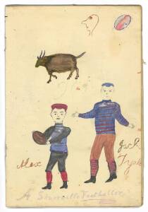 c1910 child's sketchbook with watercolour drawing of two footballers, titled below "A Somerville Footballer". Very attractive.