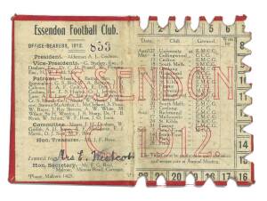 ESSENDON: 1912 Member's Season Ticket, with Fixture List & hole punched for each game attended. Good condition.
