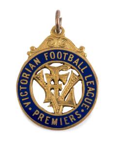 1933 SOUTH MELBOURNE PREMIERSHIP MEDAL, solid gold and blue enamel medal with monogram "VFL" in centre, surrounded by text "VICTORIAN FOOTBALL LEAGUE/ PREMIERS", engraved on reverse, "SOUTH MELB. F.C.1933/F.BACKWAY". Very attractive and rare. Together wit