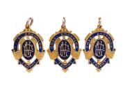 DICK REYNOLDS' THREE BROWNLOW MEDALS - 1934, 1937 & 1938: Each 15ct gold & enamel medal, with on front "VFL/ Chas. Brownlow Trophy", and engraved on reverse "Presented To R.Reynolds, Best & Fairest Player, 1934"; "Presented To Richard Sylvanus Reynolds, B - 2