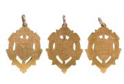DICK REYNOLDS' THREE BROWNLOW MEDALS - 1934, 1937 & 1938: Each 15ct gold & enamel medal, with on front "VFL/ Chas. Brownlow Trophy", and engraved on reverse "Presented To R.Reynolds, Best & Fairest Player, 1934"; "Presented To Richard Sylvanus Reynolds, B - 3