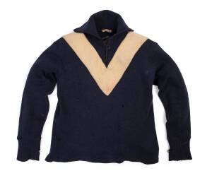 DICK REYNOLDS VICTORIAN "BIG V" CAPTAIN'S JUMPER, navy blue with white "V", number "1" on reverse signed by Dick Reynolds. A few minor holes, though overall good condition. [King Richard played a record 320 matches for Essendon 1933-51, & 19 matches for V