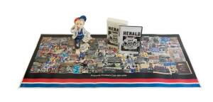 FOOTSCRAY/ WESTERN BULLDOGS: "Footscray newsboy" ceramic produced for "The Mighty Bulldogs Premiership Reunion 1954-94" (few minor chips). Together with 1954 Grand Final DVD & video.