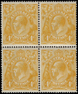 4d Orange block with the major variety "Line through 'FOUR PENCE'"; BW.110(2)h, 2R12. The other 3 units all with plateable listed varieties. Fine, fresh colour.