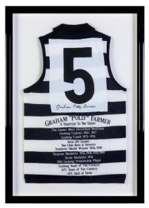 GRAHAM "POLLY" FARMER, signature on Geelong jumper, embroidered with his career details, framed & glazed, overall 72x102cm.