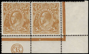 5d Chestnut, single-line perf, lower R cnr pair with JBC monogram and varieties "Retouched N.E. corner - State II" & "Flawed 'P' of PENCE etc."; BW.122zg, ua & v, 1R59 & 60. 1**/1 MLH.