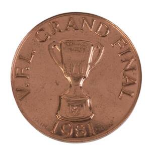1981 CARLTON PREMIERS MEDAL, bronze medal, 38mm diameter, with "V.F.L.Grand Final/ (Premiership Cup)/ 1981" on front, and "Carlton F.C./ (CFC emblem)/ Premiers" on reverse.