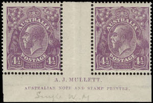 4½d Violet, Mullett imprint pair with "Broken L frame and white flaw wattles to oval"; BW.118zd with ua, 1R55.