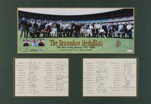 BROWNLOW MEDALLISTS: "The Brownlow Medallists", display with signatures of 49 Brownlow medallists including Dick Reynolds, Keith Greig, Ian Stewart, Bob Skilton, Verdun Howell, Brian Gleeson, Michael Voss, Kevin Murray, Peter Bedford, Tony Liberatore, Mal