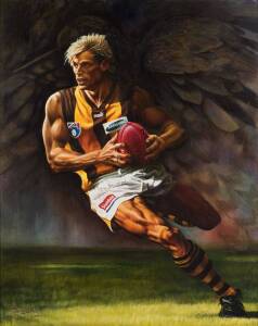SHANE CRAWFORD (Hawthorn), original painting by Jamie Cooper, oil on canvas, titled "The Winner", it captures Shane in full flight with hawk in background, signed by the artist at lower left, and Shane at centre, framed, overall 140x170cm. [Shane Crawford