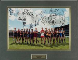 "Australian Football League, Club Captains, Season 2003", photograph with 16 signatures including Michael Voss, Nathan Buckley & James Hird, window mounted, framed & glazed, overall 65x52cm. Ex James Hird collection.