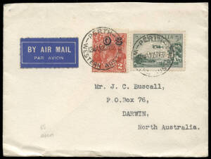 1932 (May 10) usage of 3d Green airmail (Type B) punct. OS + 2d KGV o'pt OS on a Western Australia Government Railways cover Perth - Darwin with Brisbane b/stamp transit cds; BW.135b $600 on cover.