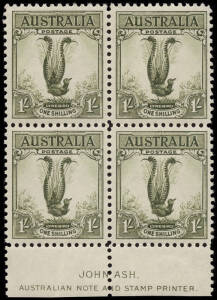 1932 1/- Large Lyrebird, Ash Imprint block. Superbly centred.