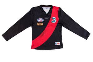 JAMES HIRD'S LAST MATCH ESSENDON JUMPER, long sleeves, from 2007 season, with "AFL" & "3" logos, and number "5" on reverse, tape below logo endorsed "Round 22, Qtr 1". {James Hird won played 253 matches 1992-2007}.